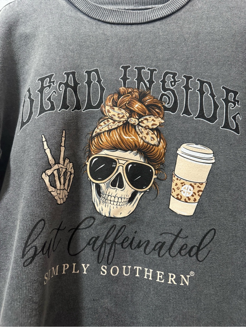 Simply Southern Gray 'Dead Inside But Caffeinated' Women's Crew Sweatshirt - Picture 3 of 5